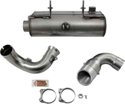 Stainless steel BASSANI XHAUST muffler for RZR XP 900 off-road vehicle, showing the sleek cylindrical design and exhaust outlet.