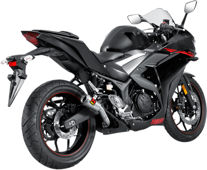 AKRAPOVIC stainless steel slip-on exhaust system with sleek design and branding, designed for enhanced motorcycle performance.