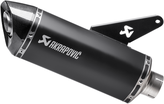 AKRAPOVIC Slip-On Line motorcycle muffler in titanium black with sleek design, compatible with various motorcycle models.