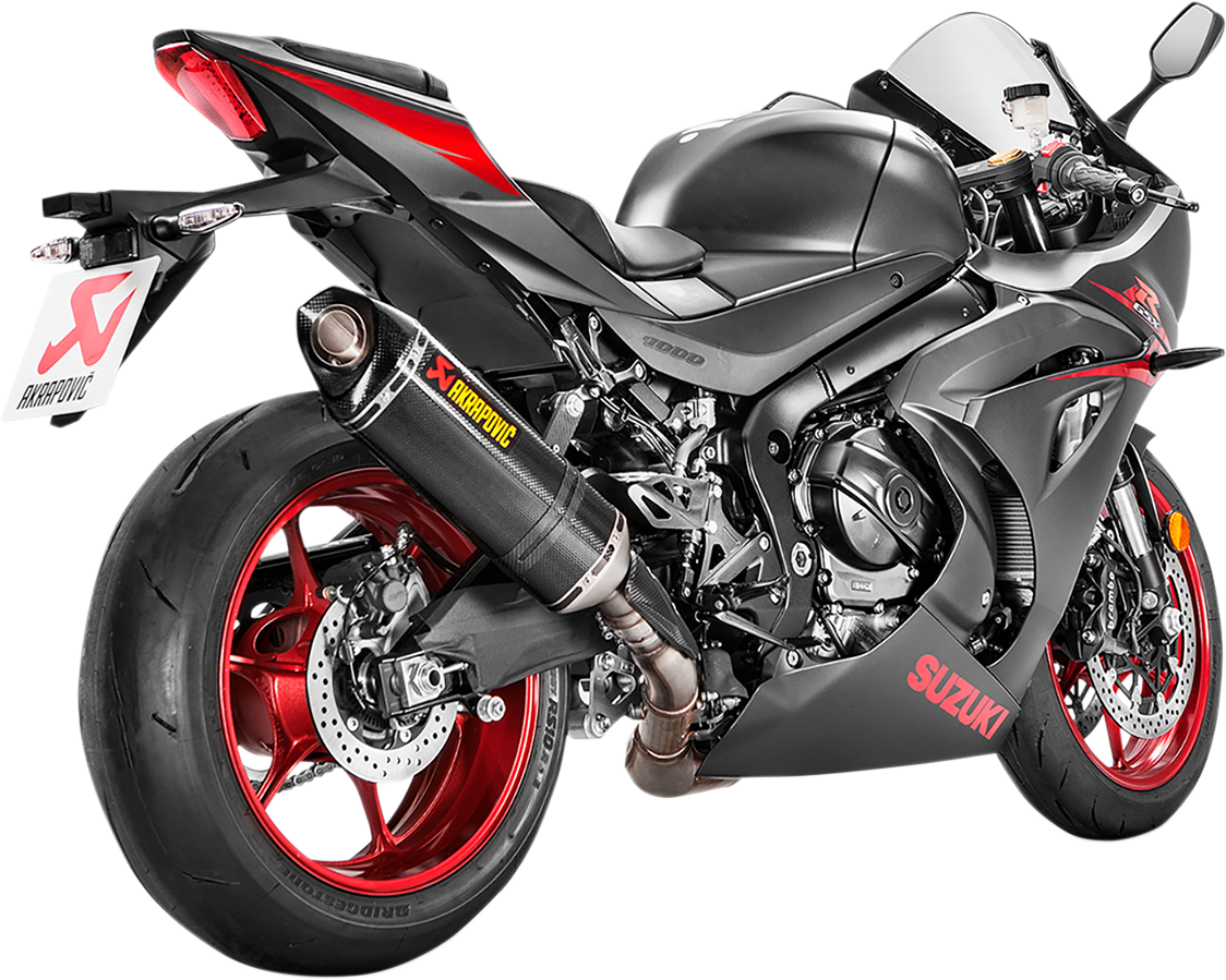 Akrapovic slip-on line muffler for Honda CRF1000L Africa Twin, carbon fiber finish, with sleek exhaust design.
