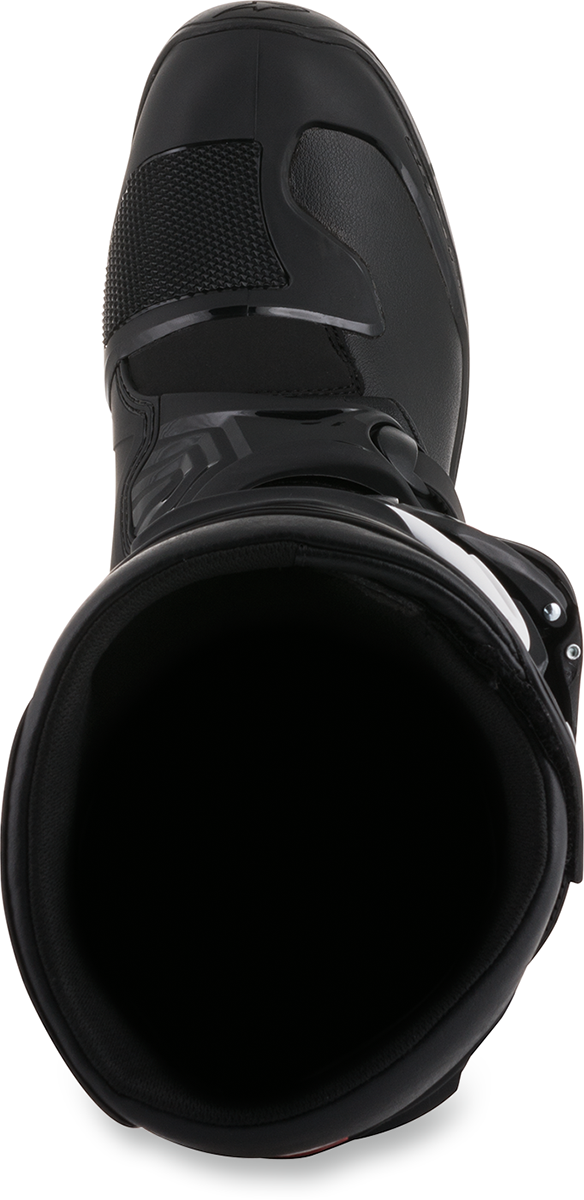 Alpinestars Tech 3 off-road motorcycle boots in black, US size 10, showing the protective design and sturdy construction.