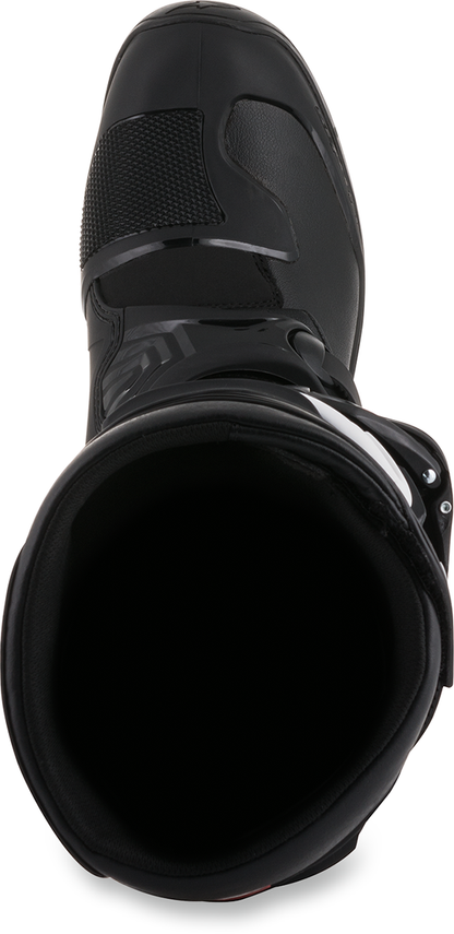 Alpinestars Tech 3 off-road motorcycle boots in black, US size 10, showing the protective design and sturdy construction.