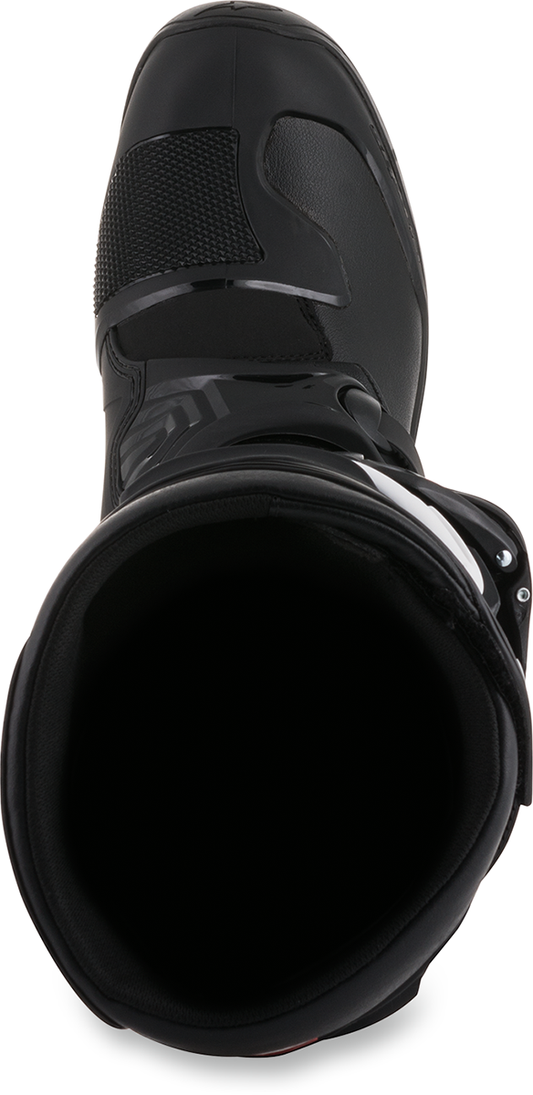 Alpinestars Tech 3 off-road motorcycle boots in black, US size 10, showing the protective design and sturdy construction.