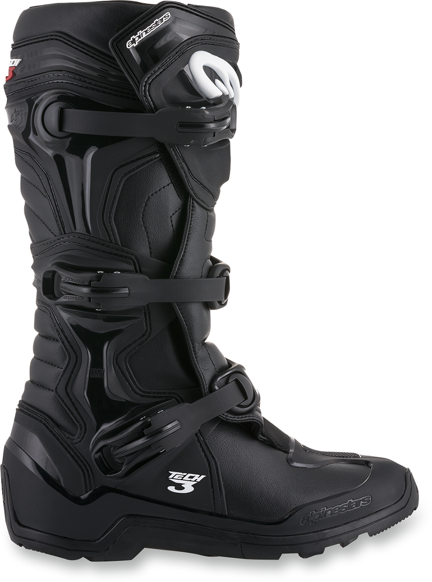 Alpinestars Tech 3 off-road motorcycle boots in black with US size 10 showing sturdy design and protective features.