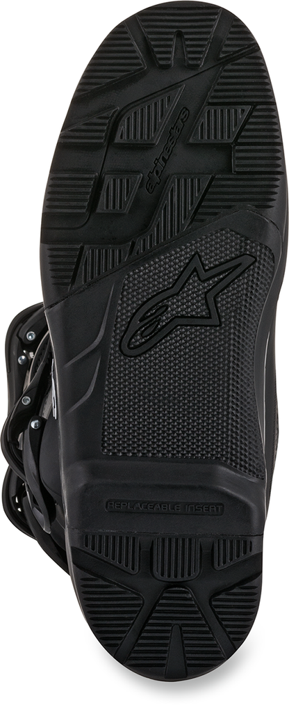 Alpinestars Tech 3 off-road motorcycle boots in black, US size 10, featuring rugged design and protective features.