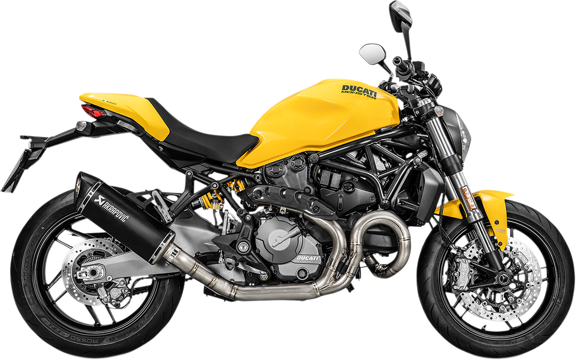 AKRAPOVIC titanium muffler S-D12SO8-RTBL for Ducati Monster 1200 motorcycle, showing sleek metal design and branding.