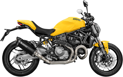 AKRAPOVIC titanium muffler S-D12SO8-RTBL for Ducati Monster 1200 motorcycle, showing sleek metal design and branding.