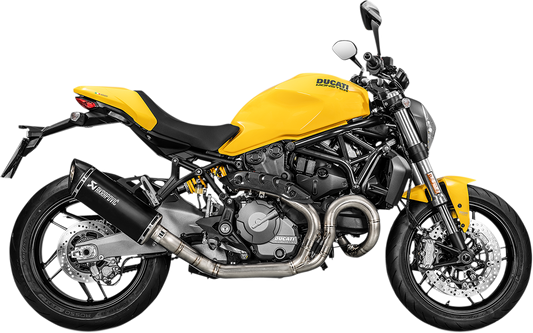 AKRAPOVIC titanium muffler S-D12SO8-RTBL for Ducati Monster 1200 motorcycle, showing sleek metal design and branding.