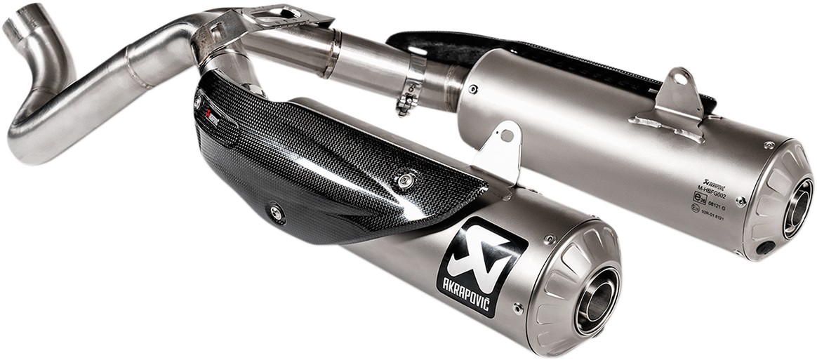 AKRAPOVIC stainless steel link pipe L-D11SO3 for slip-on line titanium exhausts, showing the sleek pipe with branding details.