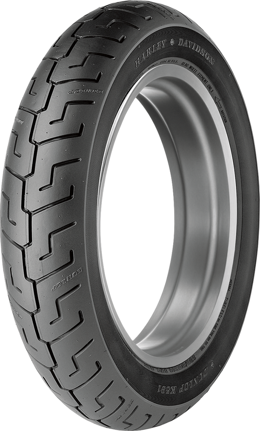 Dunlop K591 rear motorcycle tire for Harley-Davidson, 160/70B17 size, V-rated, shown on a motorcycle wheel.