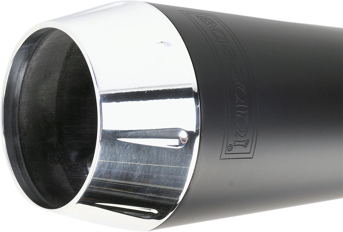 Black Bassani Xhaust Road Rage 2:1 exhaust for FXD motorcycle, part number 1D5250B, with chrome tips and dual exhaust pipes.