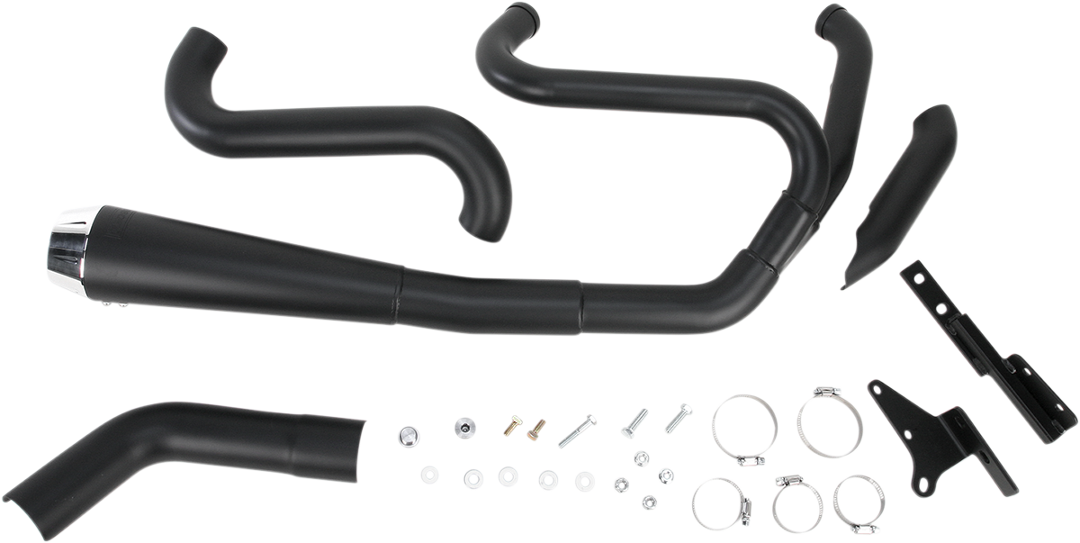 Black Bassani Xhaust Road Rage 2:1 exhaust for FXD motorcycle, part number 1D5250B, with polished metal tips and sleek design.