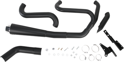 Black Bassani Xhaust Road Rage 2:1 exhaust for FXD motorcycle, part number 1D5250B, with polished metal tips and sleek design.