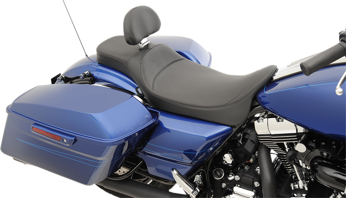 Drag Specialties extended reach Predator seat with backrest receptacle for Harley FL models 2008-2024, mild stitching, motorcycle seat.