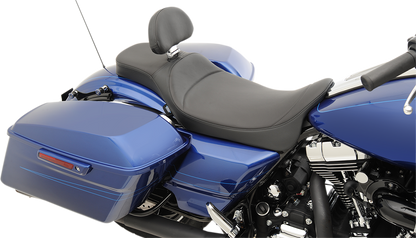 Drag Specialties extended reach Predator seat with backrest receptacle for Harley FL models 2008-2024, mild stitching, motorcycle seat.