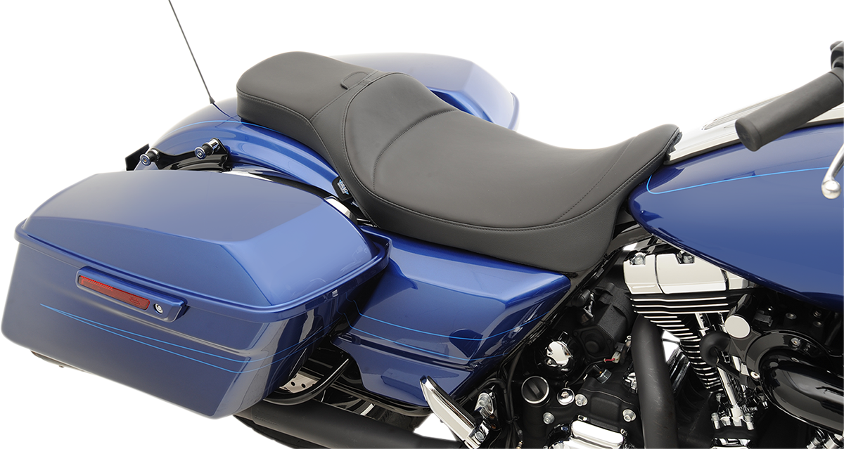 Drag Specialties extended reach Predator seat with backrest receptacle for Harley FL 2008-2024, mild stitched motorcycle seat.