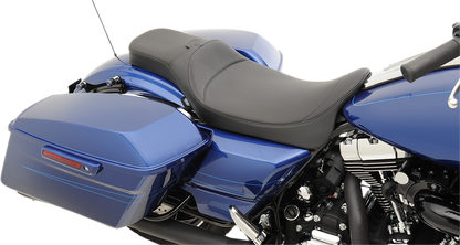 Drag Specialties extended reach Predator seat with backrest receptacle for Harley FL 2008-2024, mild stitched motorcycle seat.