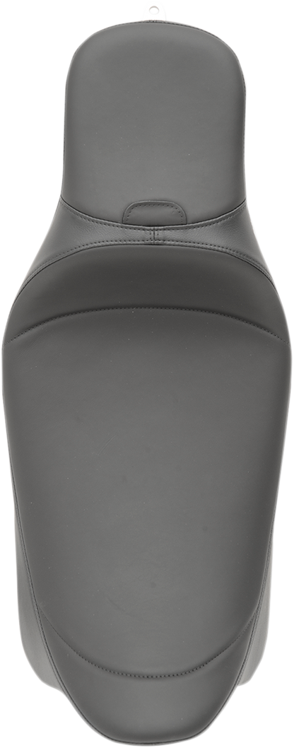 Drag Specialties predator extended reach motorcycle seat with backrest receptacle for Harley FL 2008-2024, mild stitching.