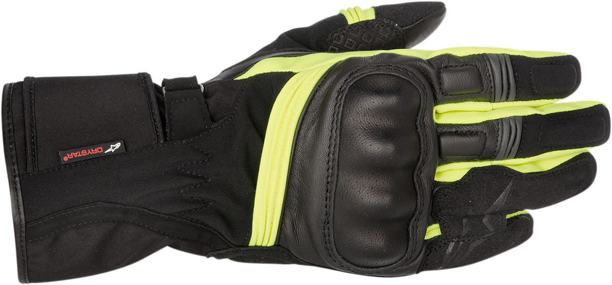 Alpinestars Valparaiso Drystar® gloves in black and yellow, small size, showing protective riding gear with textured palm and adjustable wrist.