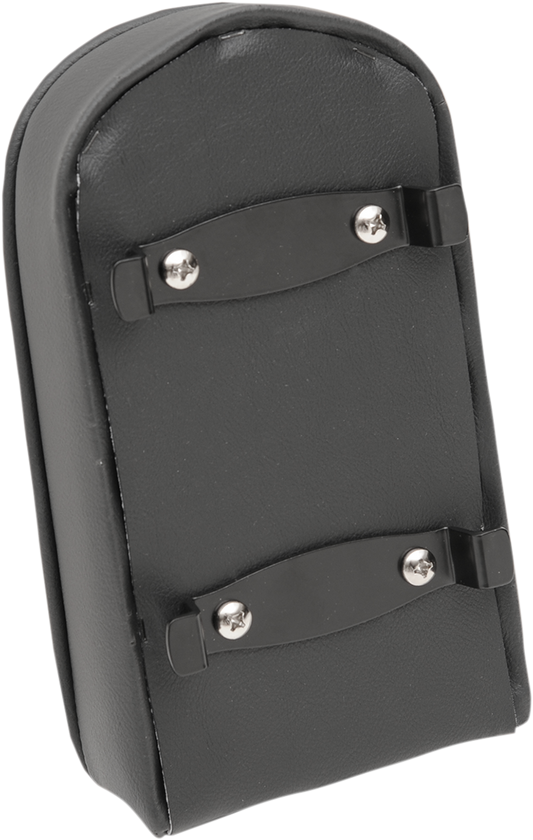 Black Drag Specialties Seats tall sissy bar pad with pillow and piping, designed for motorcycle rear seats.