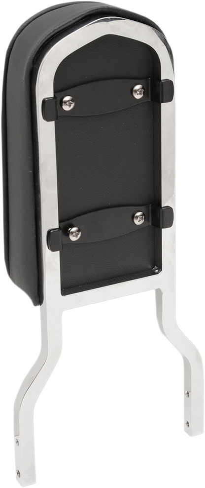 Black Drag Specialties Seats tall sissy bar pad with pillow and piping, designed for comfortable motorcycle passenger seating.