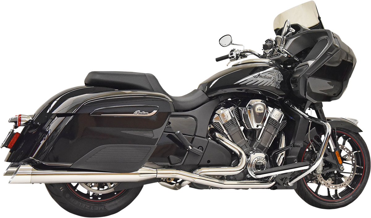 BASSANI XHAUST Dual Challenger exhaust system with chrome finish, showing polished metal pipes and dual exhaust tips.