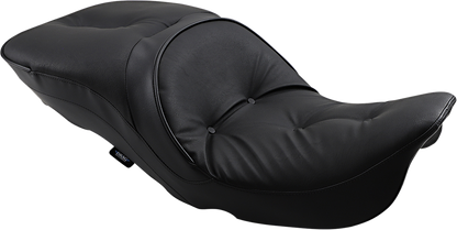 Large touring Harley seat by Drag Specialties with pillow for models FL 97-07, featuring padded comfort and durable black leather.