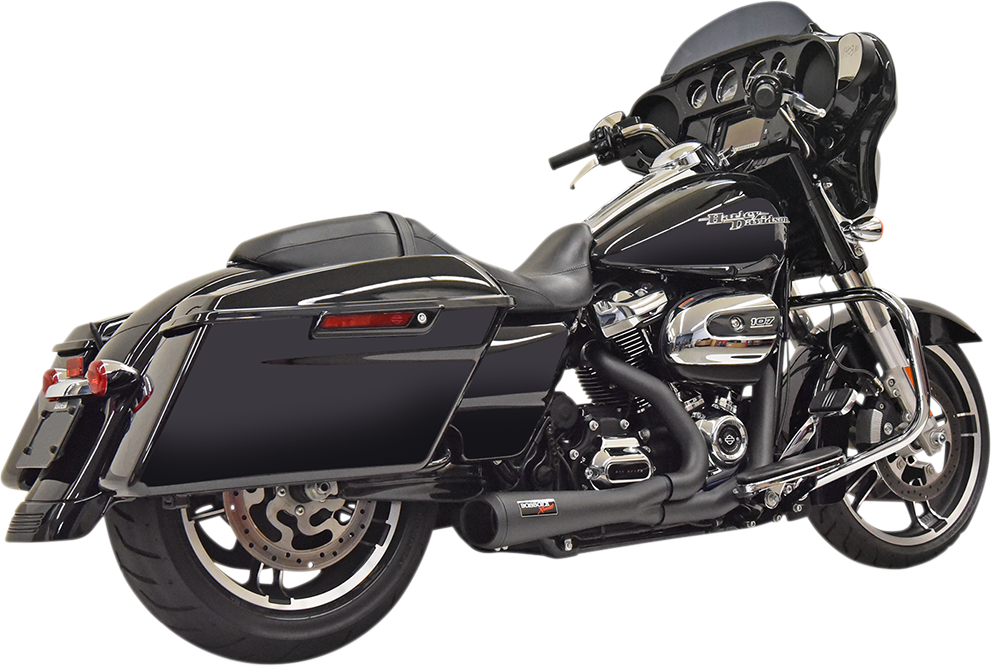 Black Bassani Xhaust Short 2:1 exhaust for FL motorcycle, showcasing the sleek exhaust system with polished metal finish.