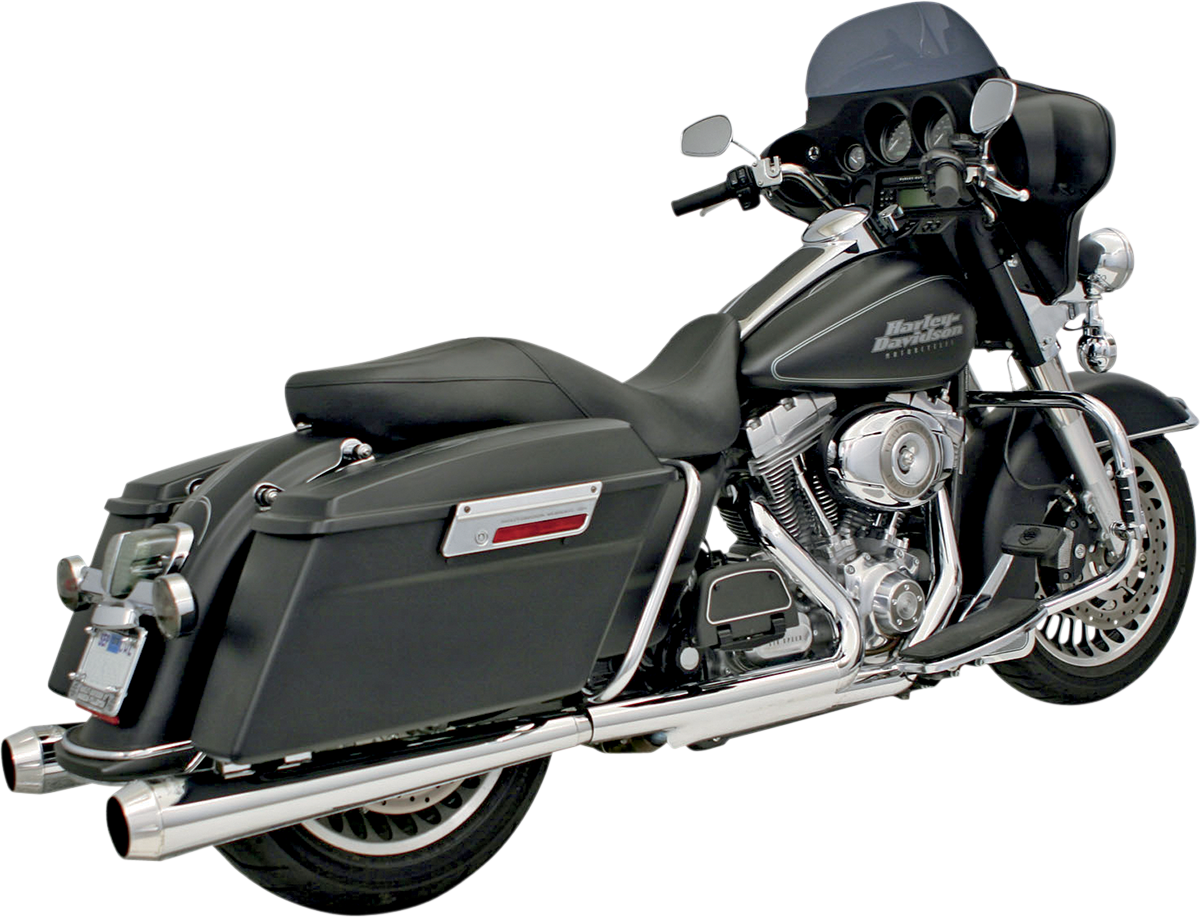 Chrome Bassani Xhaust Megaphone mufflers for Harley Davidson FLH-517L, featuring polished finish and distinctive megaphone design.