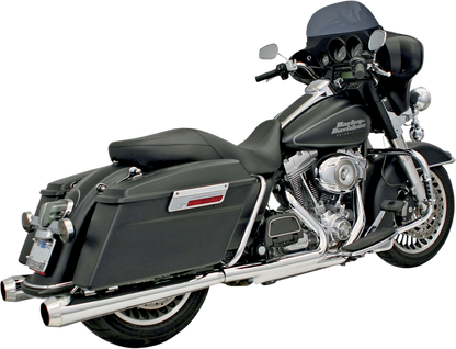 Chrome Bassani Xhaust Megaphone mufflers for Harley Davidson FLH-517L, featuring polished finish and distinctive megaphone design.