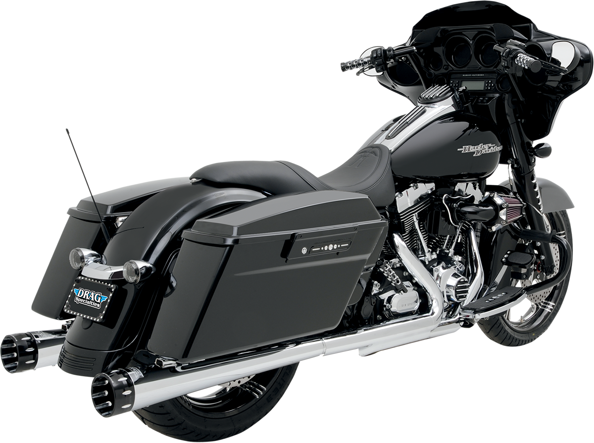 Chrome Bassani Xhaust Megaphone mufflers for Harley Davidson FLH-517L, featuring polished chrome finish and cylindrical design.