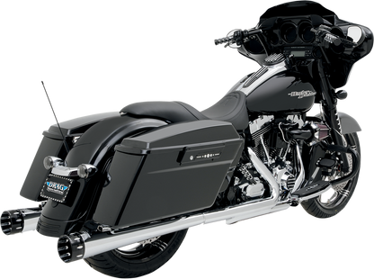 Chrome Bassani Xhaust Megaphone mufflers for Harley Davidson FLH-517L, featuring polished chrome finish and cylindrical design.