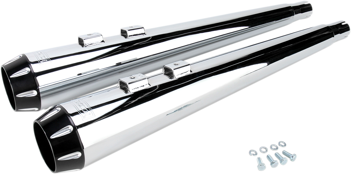BASSANI XHAUST Megaphone mufflers FLH-517RL in chrome and black with fluted design and performance baffle on motorcycle exhaust system.