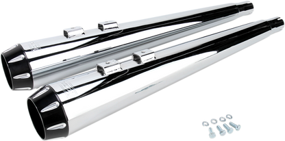 BASSANI XHAUST Megaphone mufflers FLH-517RL in chrome and black with fluted design and performance baffle on motorcycle exhaust system.