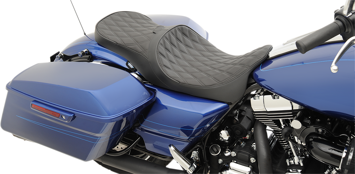 Drag Specialties low touring motorcycle seat with backrest receiver for FL bikes, solar reflective double diamond design, part 0801-1008.