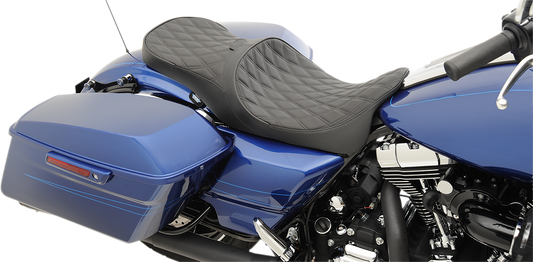 Drag Specialties low touring motorcycle seat with backrest receiver for FL bikes, solar reflective double diamond design, part 0801-1008.