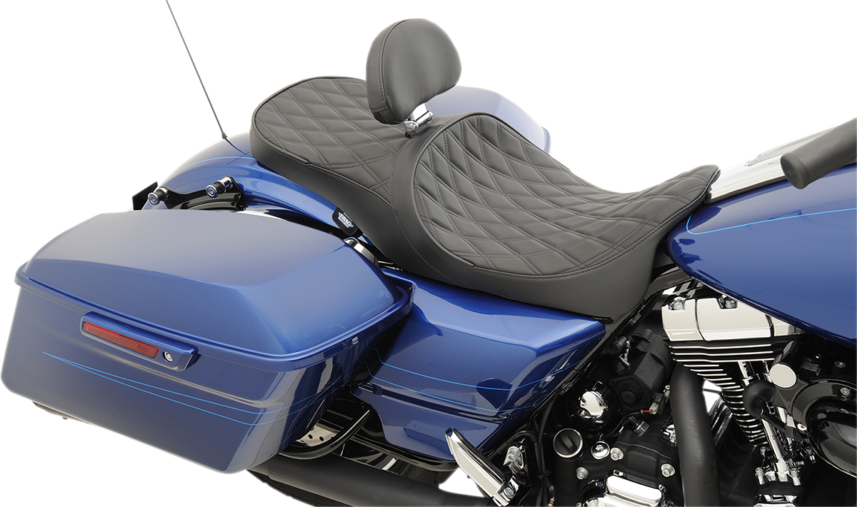 Low touring seat with backrest receiver for Harley FL, Solar Reflective Double Diamond by Drag Specialties Seats, model 0801-1008.