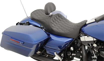 Low touring seat with backrest receiver for Harley FL, Solar Reflective Double Diamond by Drag Specialties Seats, model 0801-1008.
