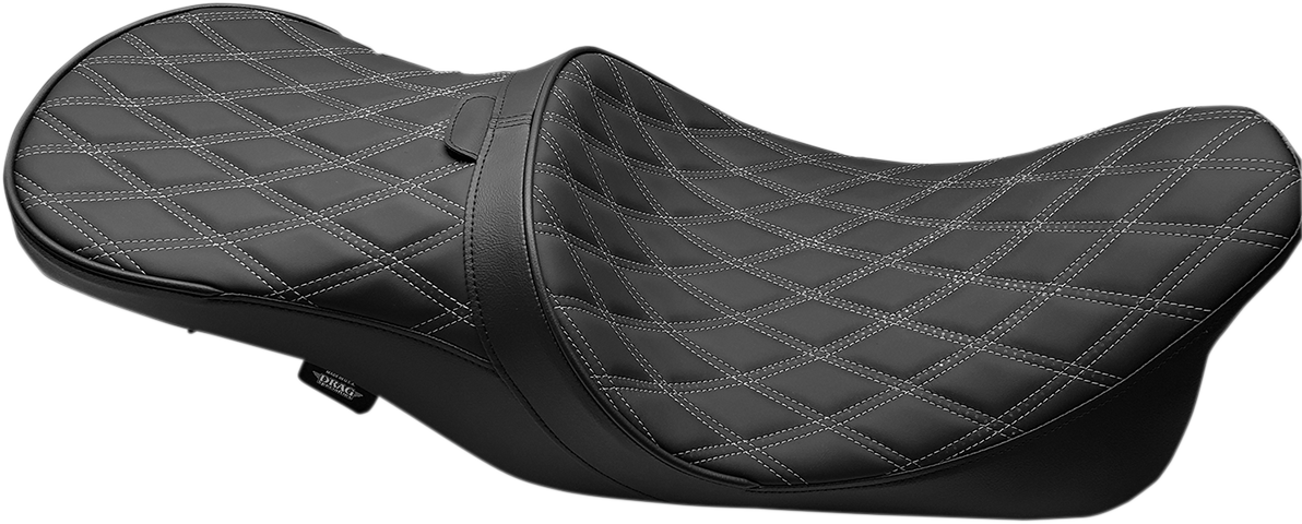 Drag Specialties low touring seat with backrest receiver for Harley FL models 2008-2023, featuring solar reflective double diamond design.