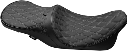Drag Specialties low touring seat with backrest receiver for Harley FL models 2008-2023, featuring solar reflective double diamond design.