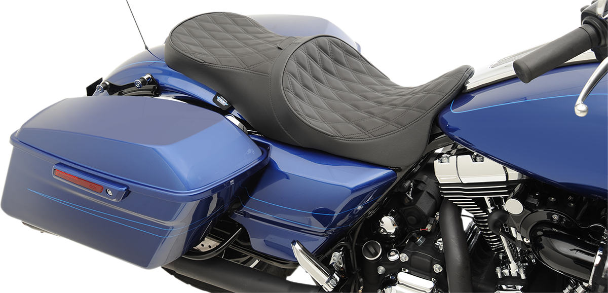Drag Specialties Low Forward Touring Seat for Harley FL '08-'24, Double Diamond style, shown on motorcycle seat with detailed stitching.