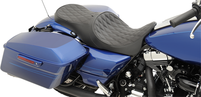 Drag Specialties Low Forward Touring Seat for Harley FL '08-'24, Double Diamond style, shown on motorcycle seat with detailed stitching.