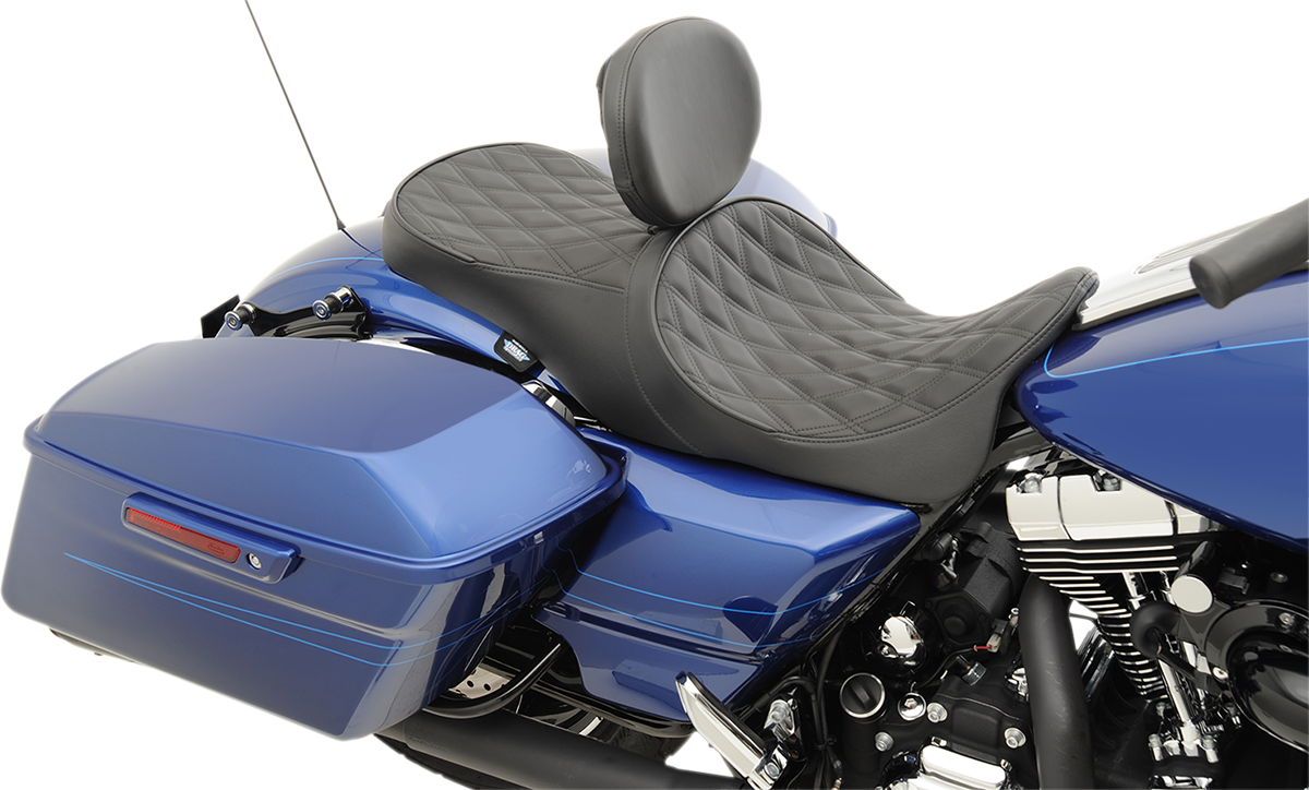 Drag Specialties Low Forward Touring Seat for Harley FL '08-'24, Double Diamond design, featuring comfortable padding and sleek black finish.