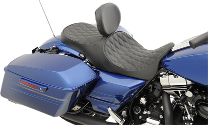 Drag Specialties Low Forward Touring Seat for Harley FL '08-'24, Double Diamond design, featuring comfortable padding and sleek black finish.