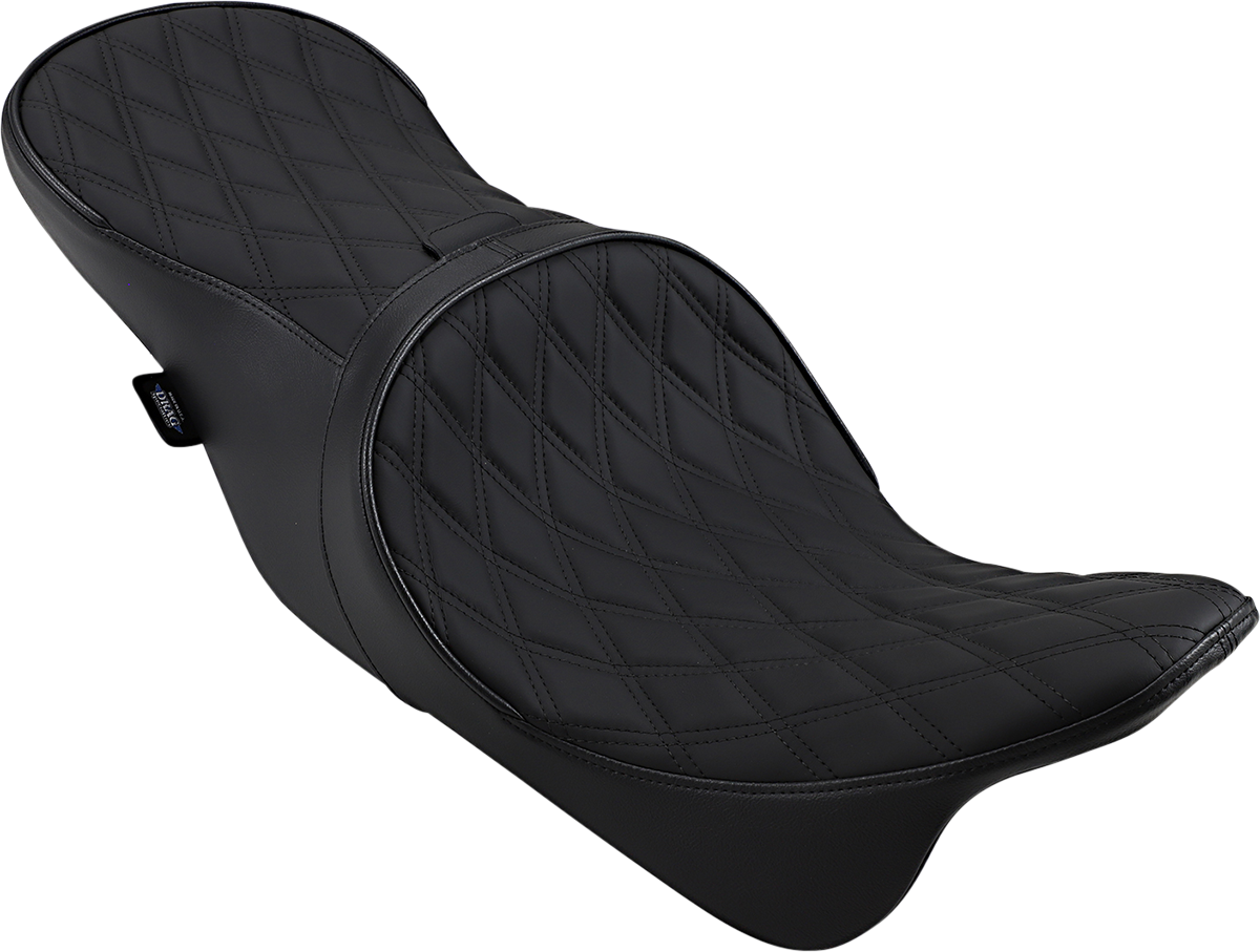 Low forward touring seat by Drag Specialties Seats for Harley FL '08-'24, featuring double diamond upholstery and ergonomic design.