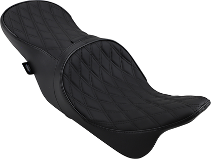 Low forward touring seat by Drag Specialties Seats for Harley FL '08-'24, featuring double diamond upholstery and ergonomic design.