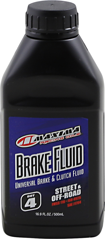 MAXIMA RACING OIL DOT 4 Brake Fluid bottle, 16.9 fl oz (500 ml), with label showing product details and branding.