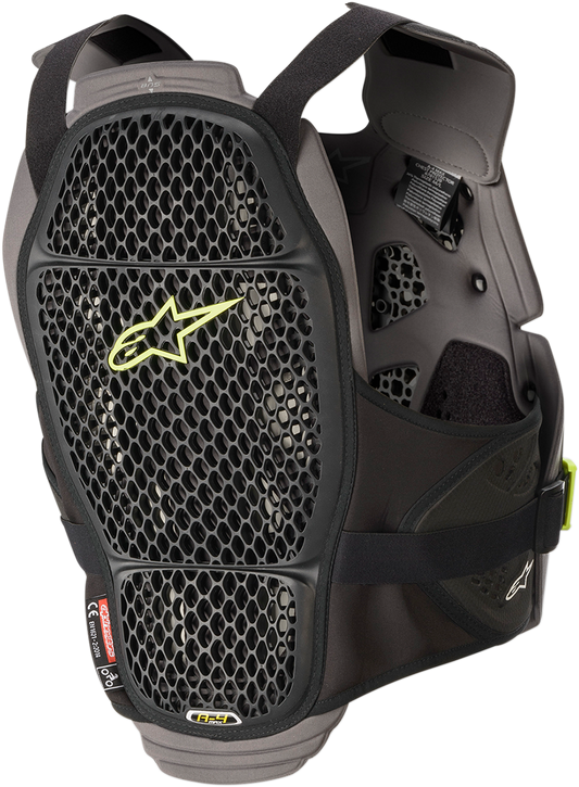 Alpinestars A-4 Max chest guard in XL/2XL, high-performance motorcycle body armor with black and red design and adjustable straps.