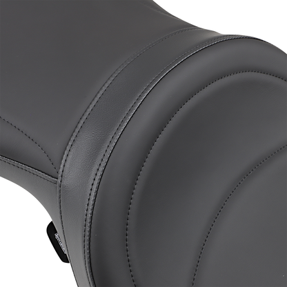 Low-profile touring seat for Harley XL '04-'22 by Drag Specialties, featuring wide fit and mild stitching in black leather.
