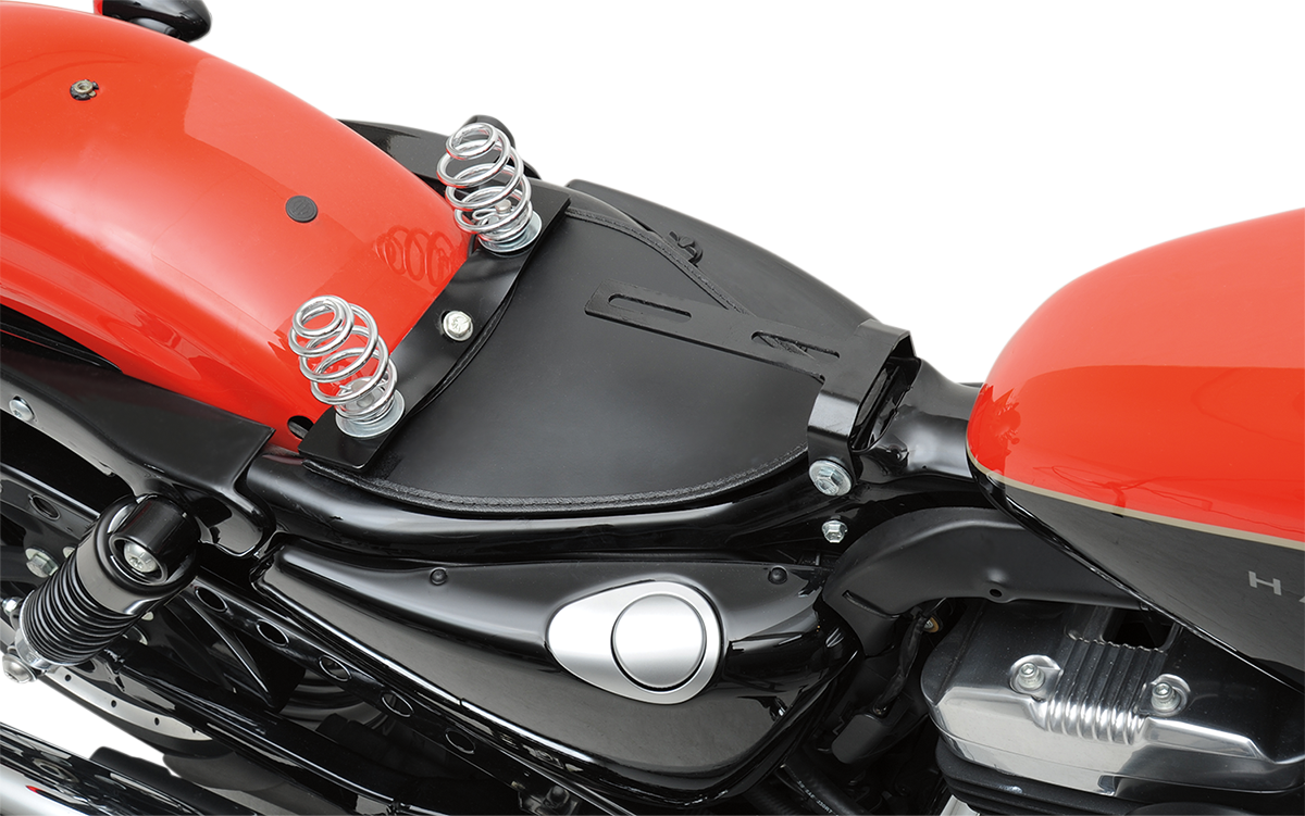 Drag Specialties solo seat with spring mount for Harley XL motorcycles, model years 2004-2022, shown with mounting hardware.